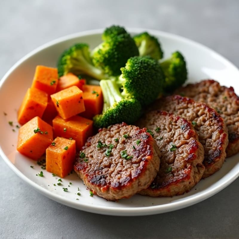 Lean Ground Beef and Crispy Roasted Broccoli with Sweet Potato
