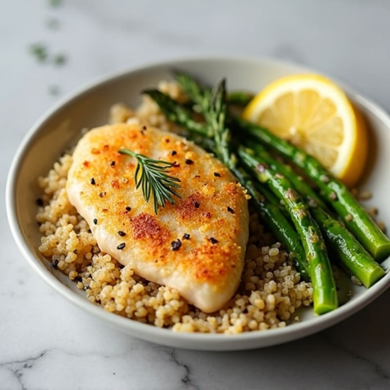 Crispy Lemon Herb Chicken with Roasted Asparagus and Quinoa