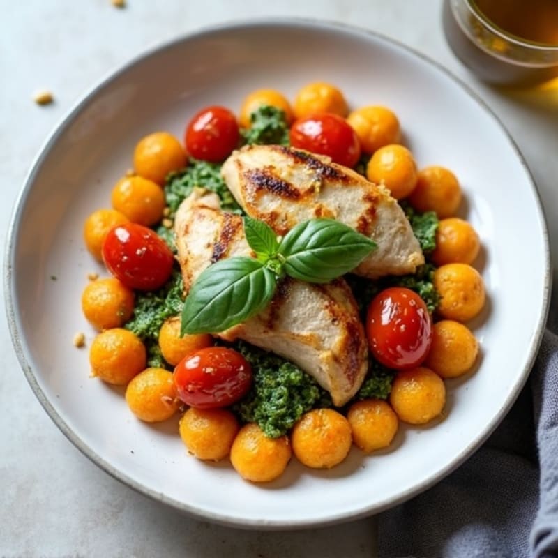 Tender Sweet Potato Gnocchi with Vibrant Basil Pesto and Roasted Cherry Tomatoes