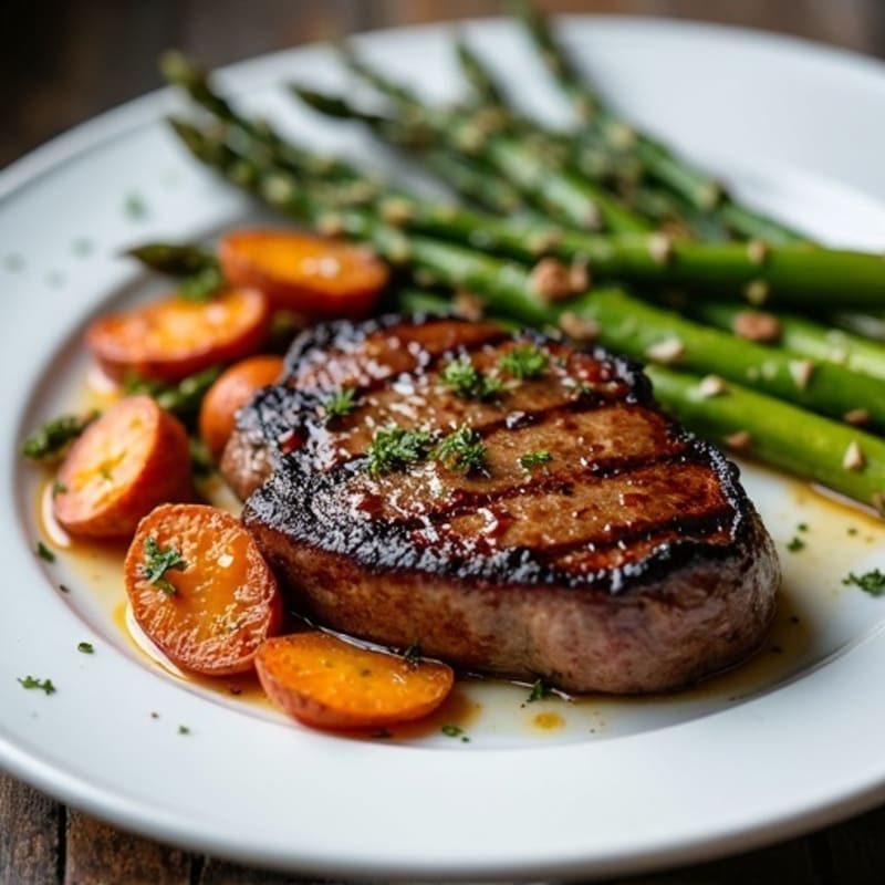 Pan-Seared Steak with Roasted Asparagus and Crispy Sweet Potatoes