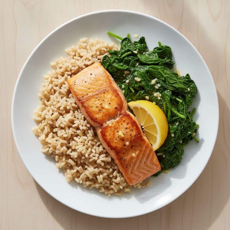 Seared Salmon with Garlic Spinach and Brown Rice
