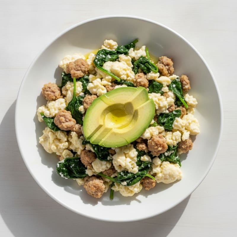 Egg White and Turkey Sausage Scramble with Sautéed Spinach