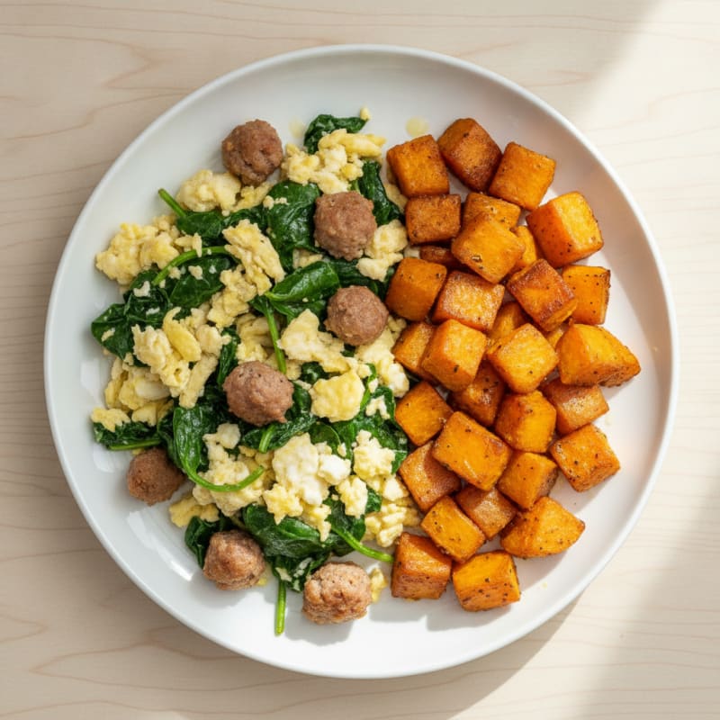 Egg White Spinach Scramble with Turkey Sausage and Roasted Sweet Potatoes