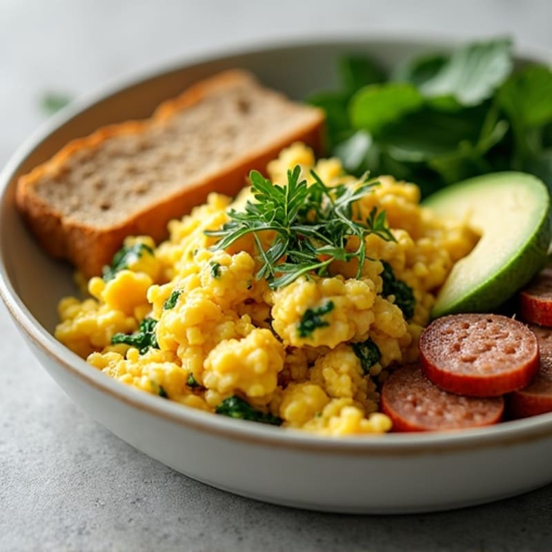 Scrambled Egg Whites with Turkey Sausage and Sautéed Spinach