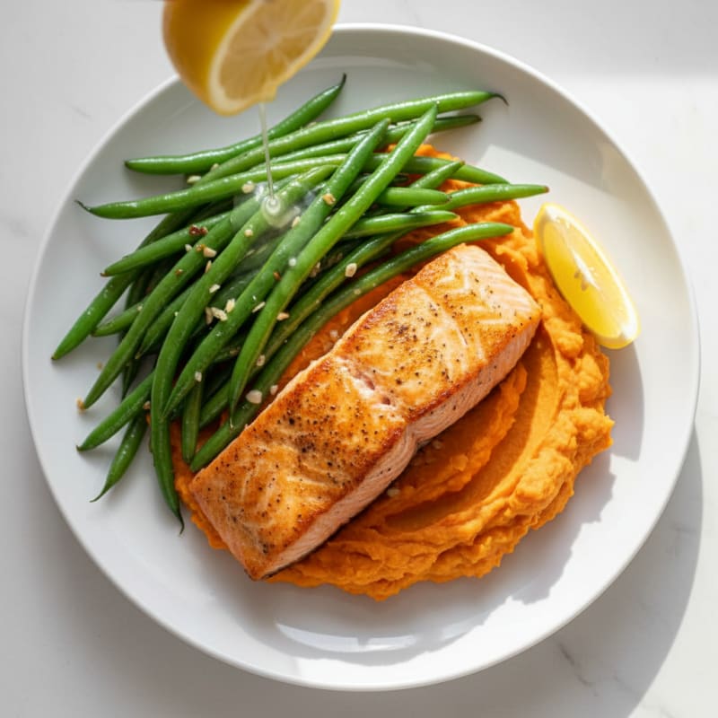 Seared Salmon Fillet with Garlic Green Beans and Mashed Sweet Potato
