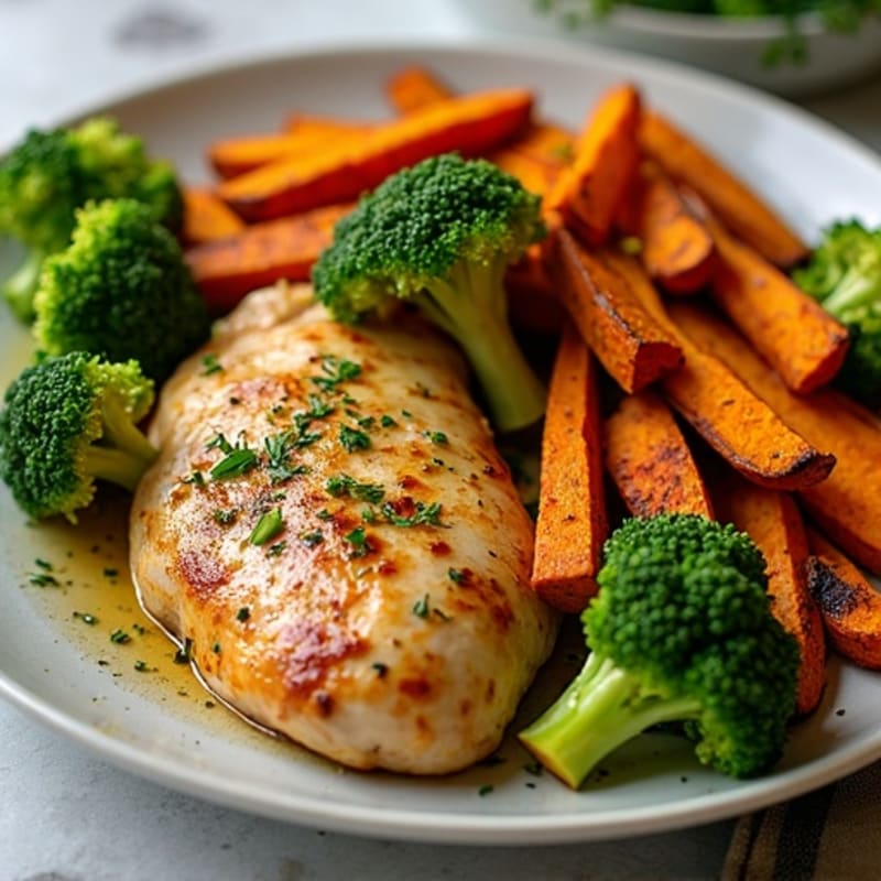 Sheet Pan Lemon Herb Chicken with Crispy Sweet Potato Fries and Roasted Broccoli