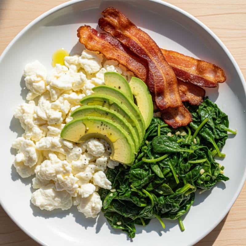 Scrambled Egg Whites with Turkey Bacon and Sautéed Spinach