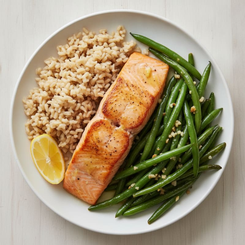Seared Salmon Fillet with Garlic Green Beans and Brown Rice