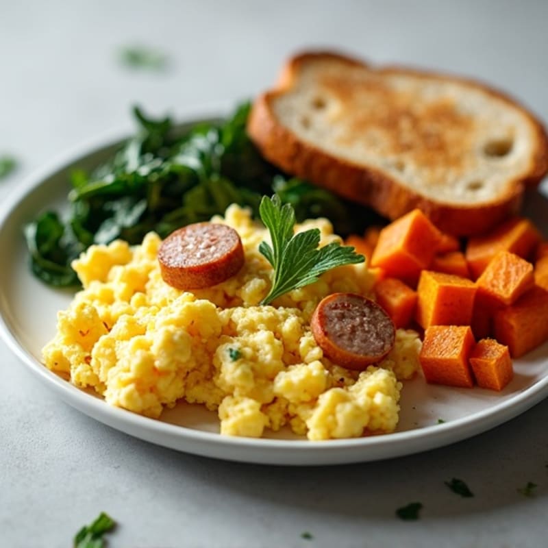 Egg White and Turkey Sausage Scramble with Sautéed Spinach and Roasted Sweet Potato Toast