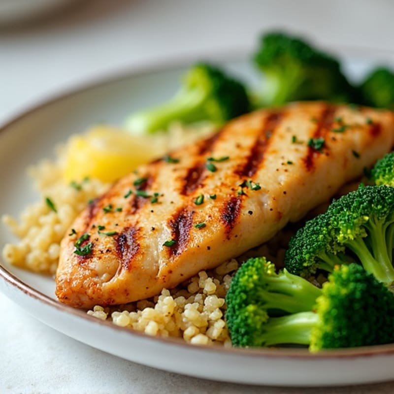 Grilled Lemon Garlic Chicken Breast with Quinoa and Roasted Broccoli