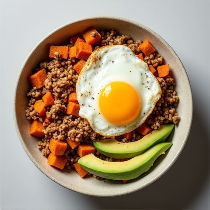 Ground Turkey and Crispy Sweet Potato Rice Bowl with Fried Eggs and Creamy Avocado