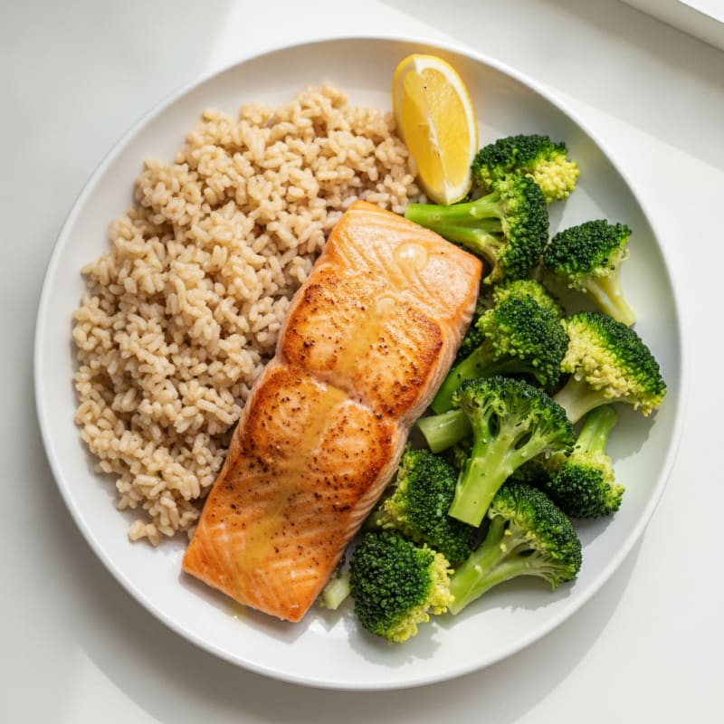 Seared Salmon with Steamed Broccoli and Brown Rice