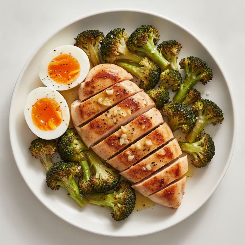 Grilled Chicken Breast with Roasted Broccoli and Soft-Boiled Egg