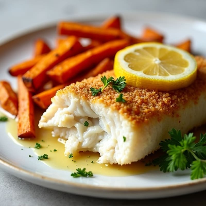 Crispy Lemon Herb Baked Cod with Roasted Sweet Potato Fries