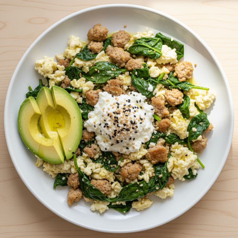 Egg White and Turkey Sausage Scramble with Spinach and Cottage Cheese