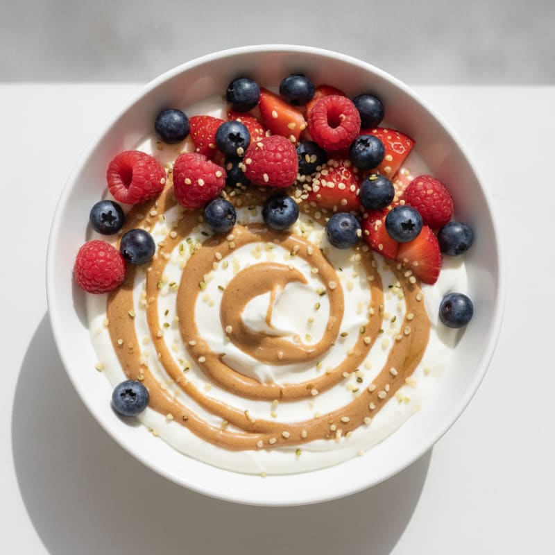 Silky Greek Yogurt Bowl with Hemp Seeds, Almond Butter, and Mixed Berries