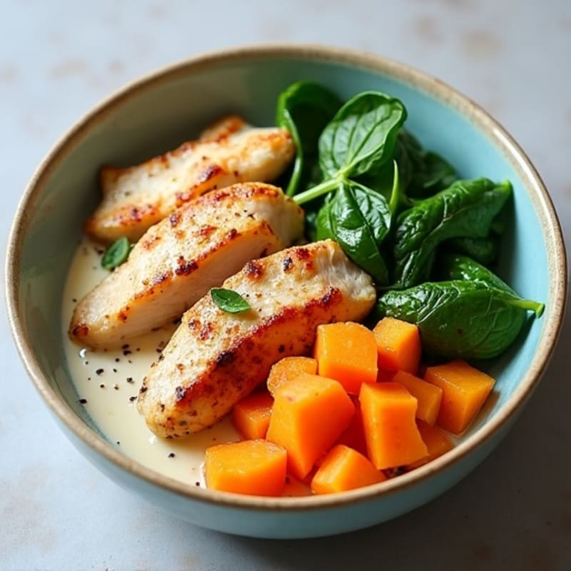 Creamy Coconut Chicken and Roasted Sweet Potato Bowl