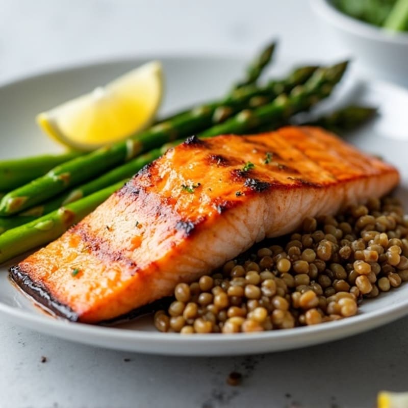 Seared Salmon with Steamed Asparagus and Lentils