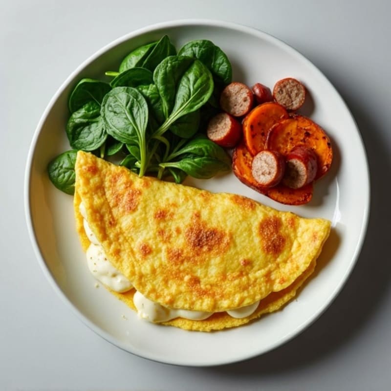 Egg White Spinach Omelette with Turkey Sausage and Roasted Sweet Potato