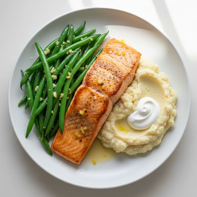 Seared Salmon Fillet with Garlic Green Beans and Cauliflower Mash