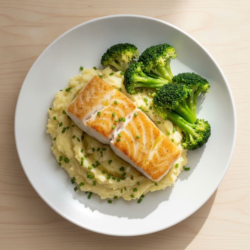 Seared White Fish with Herb Potato Mash and Steamed Broccoli