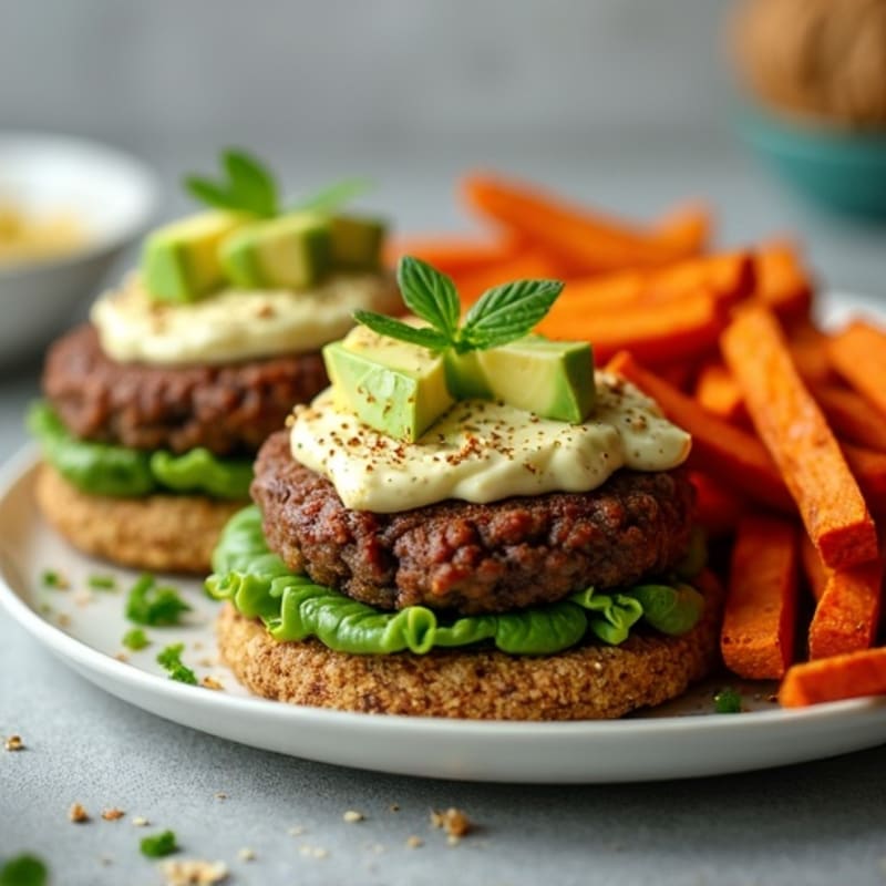 Creamy Avocado Black Bean Burgers with Crispy Sweet Potato Fries