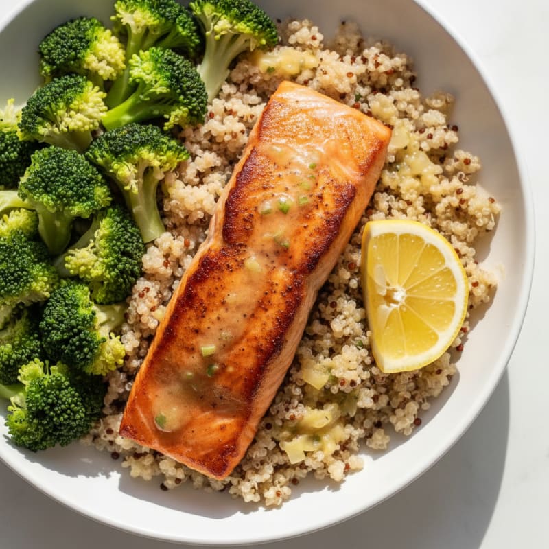 Seared Salmon with Steamed Broccoli and Quinoa