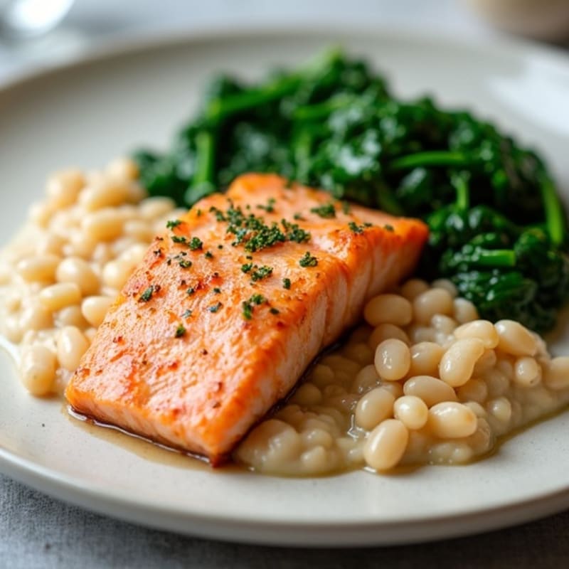 Seared Salmon Fillet with Creamy White Bean Mash and Sautéed Spinach