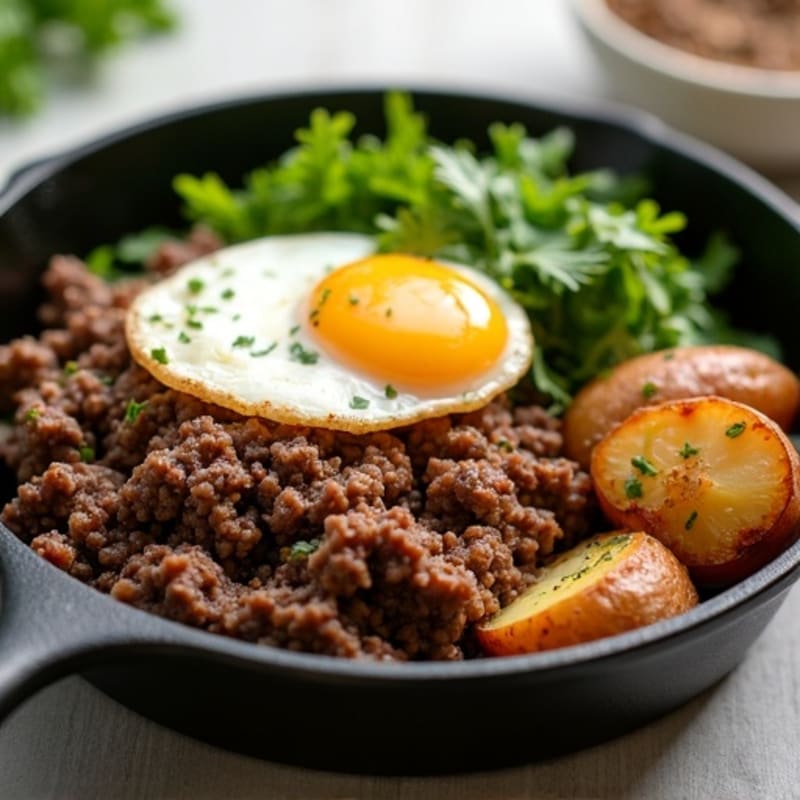 Ground Beef and Crispy Potato Skillet with Fresh Greens