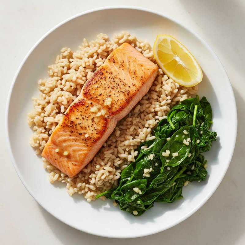 Seared Salmon with Garlic Spinach and Brown Rice