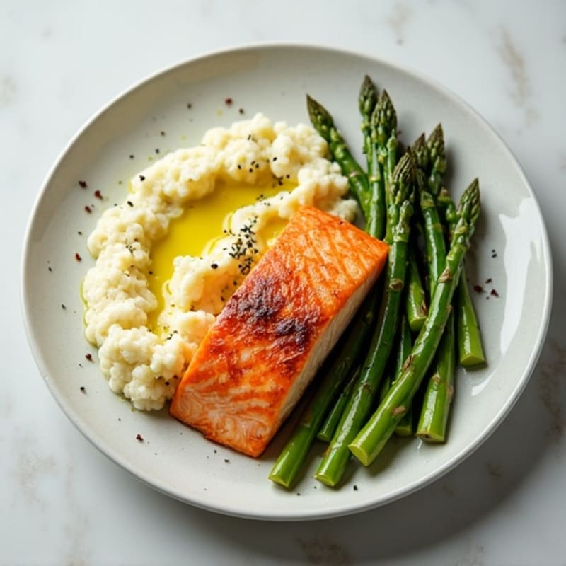 Seared Salmon Fillet with Roasted Asparagus and Cauliflower Mash