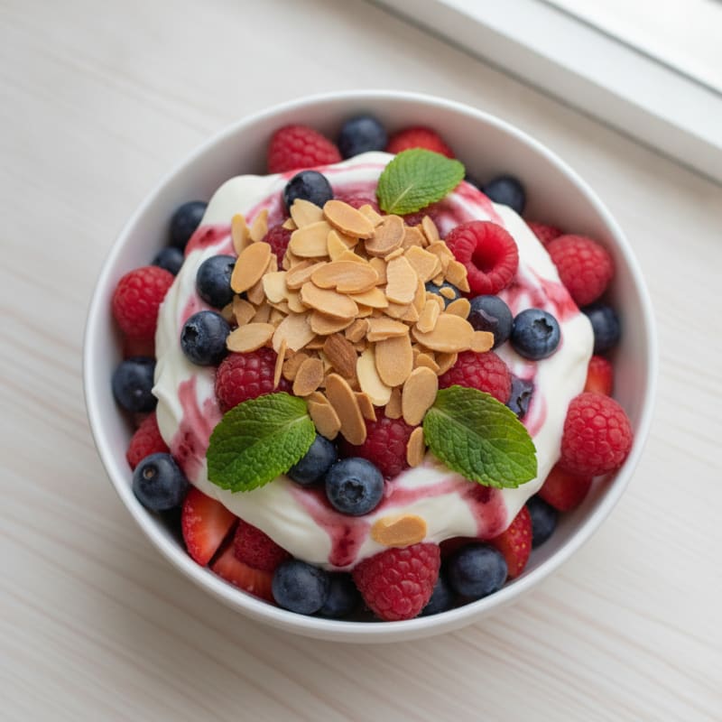 Greek Yogurt Protein Parfait with Mixed Berries and Almonds