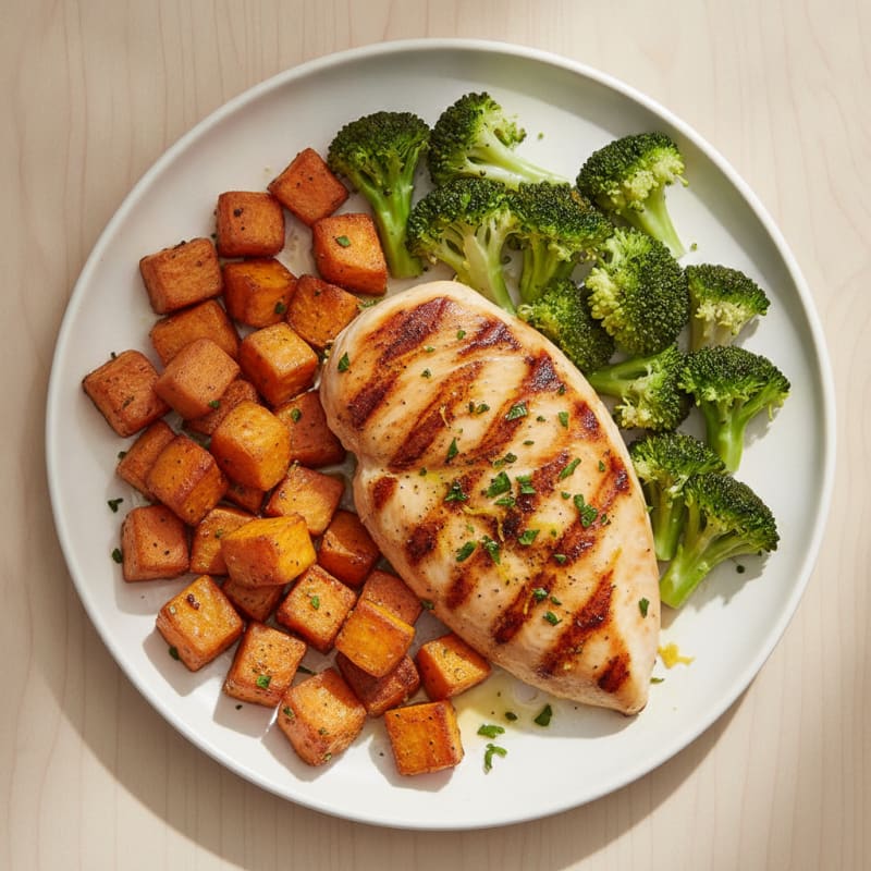 Grilled Chicken Breast with Roasted Sweet Potato and Steamed Broccoli