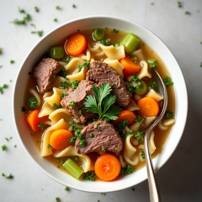Tender Beef Noodle Soup with Aromatic Herbs and Fresh Vegetables