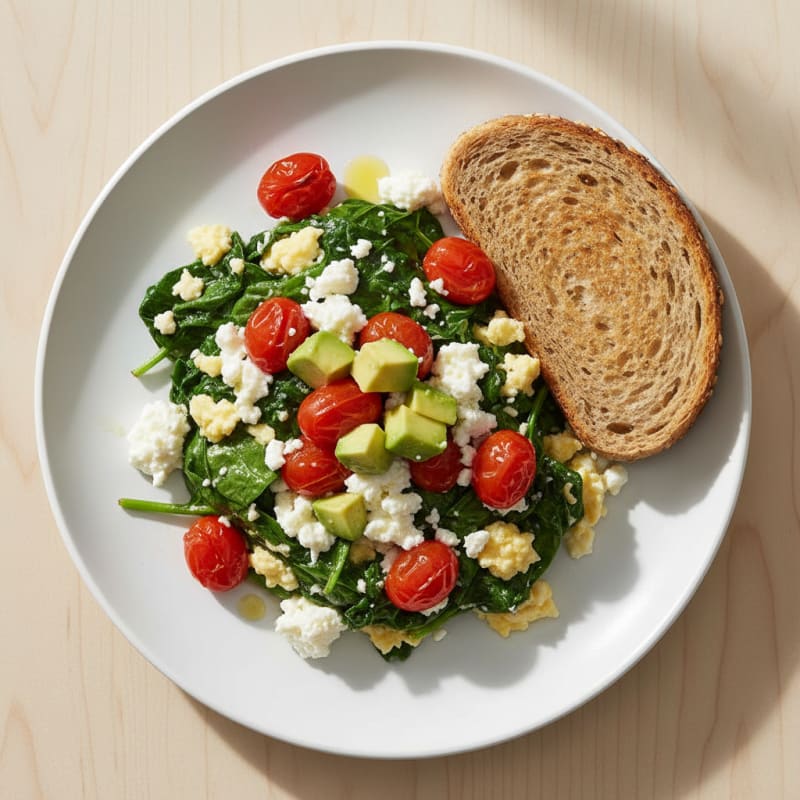 Egg White and Spinach Scramble with Cottage Cheese and Cherry Tomatoes