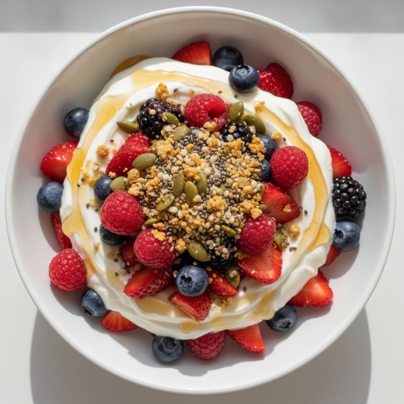 Creamy Greek Yogurt Parfait with Mixed Berries and Seed Crunch