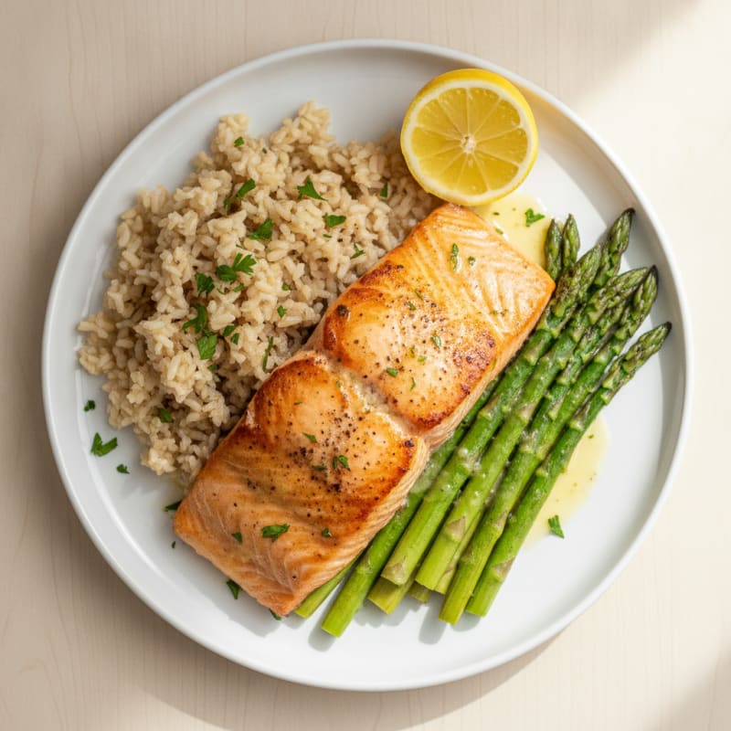 Seared Salmon with Roasted Asparagus and Brown Rice