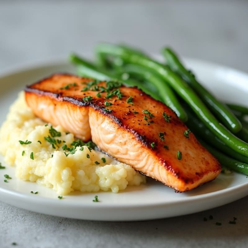 Seared Salmon Fillet with Garlic Green Beans and Cauliflower Mash