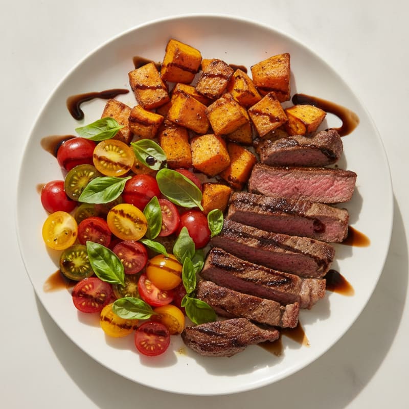 Seared Beef Strips with Herb-Roasted Sweet Potato and Tomato Salad
