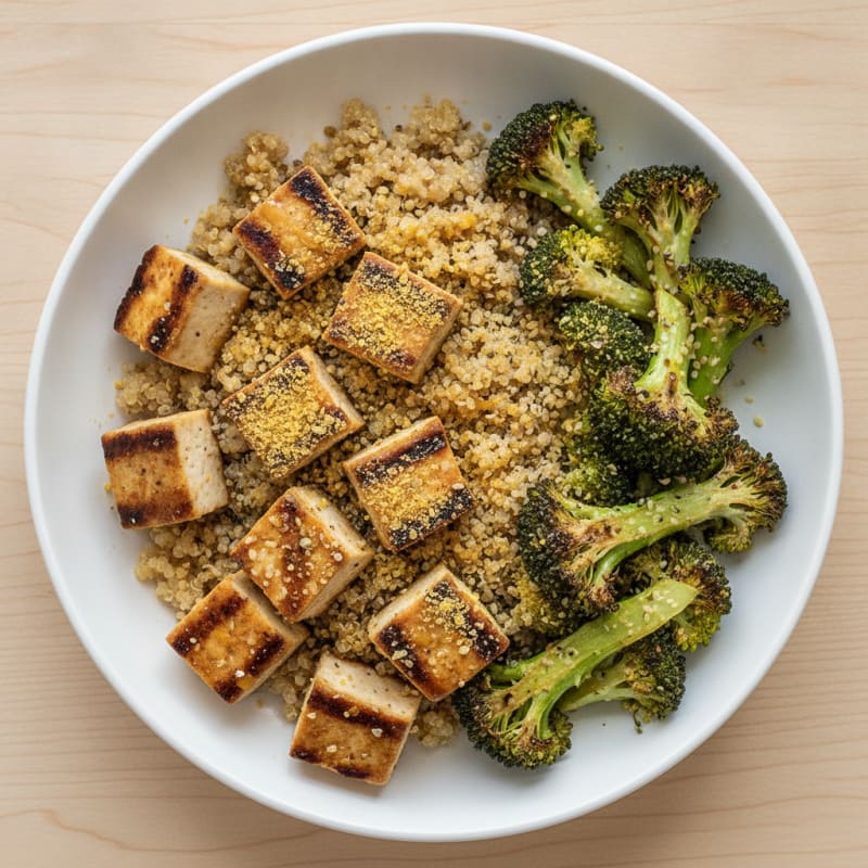 Grilled Tofu and Quinoa Bowl with Roasted Broccoli