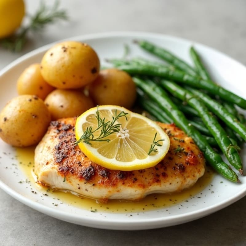 Lemon Herb Roasted Chicken with Crispy Roasted Potatoes and Green Beans