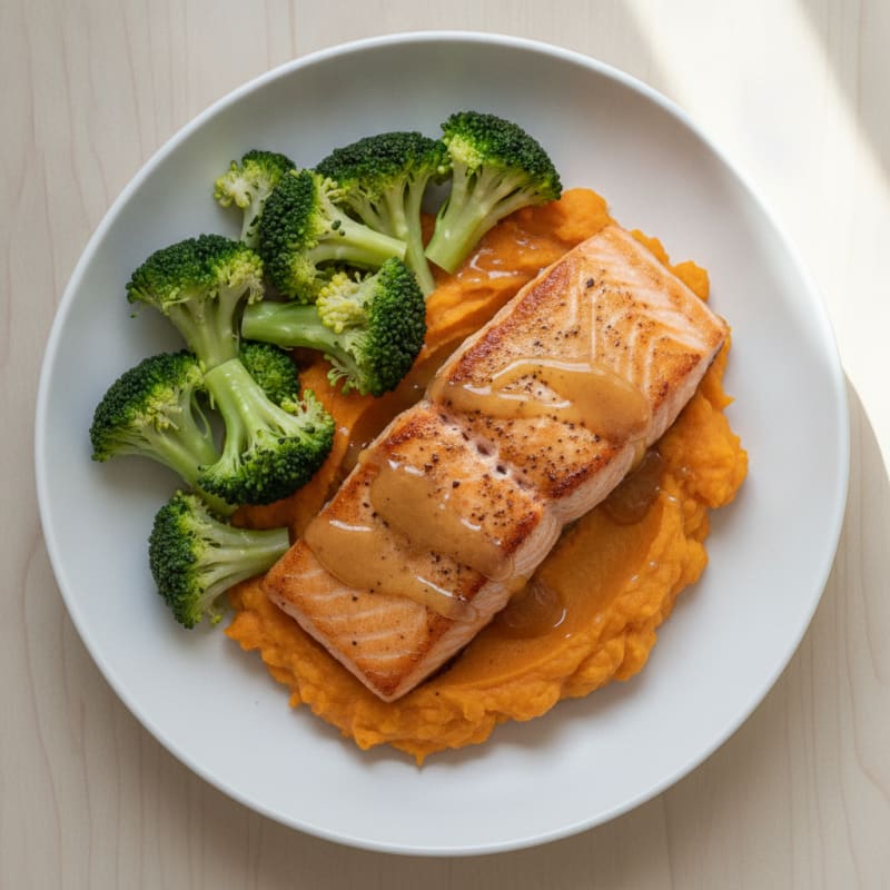 Seared Salmon with Steamed Broccoli and Sweet Potato Mash