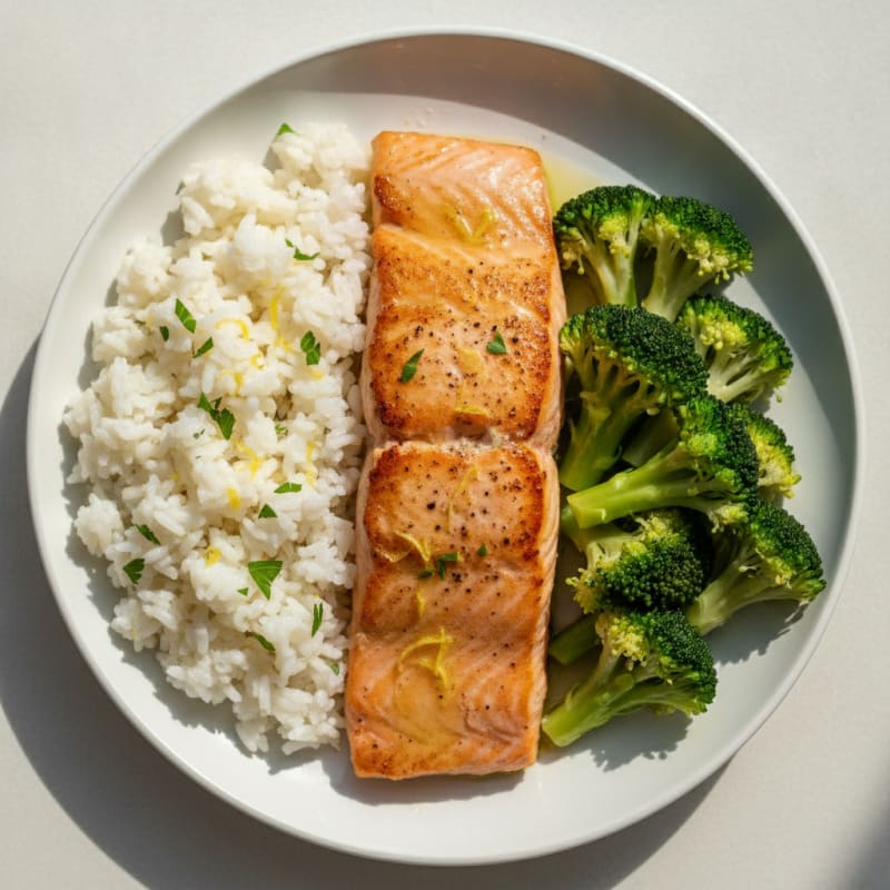 Seared Salmon with Steamed Broccoli and Lemon Herb Rice