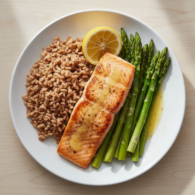 Seared Salmon with Steamed Asparagus and Brown Rice