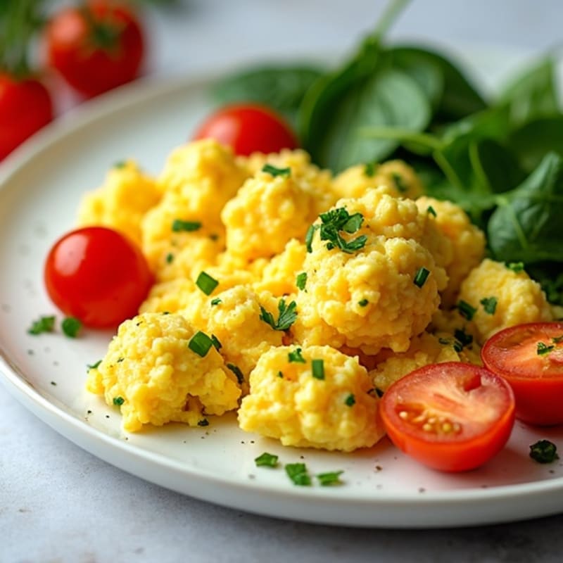 Fluffy Herb Scrambled Eggs with Fresh Spinach and Cherry Tomatoes