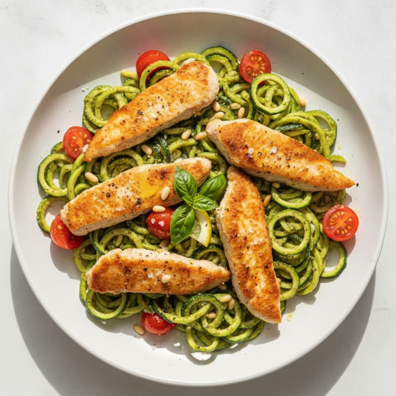Zucchini Spirals with Pesto and Tomatoes