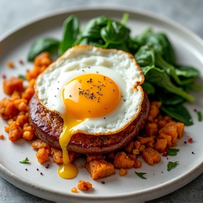 Sweet Potato Hash with Crispy Eggs and Sautéed Greens