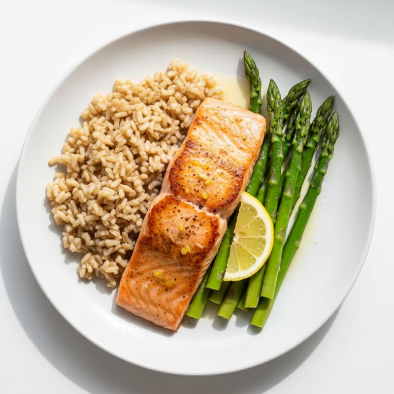 Seared Salmon with Steamed Asparagus and Brown Rice