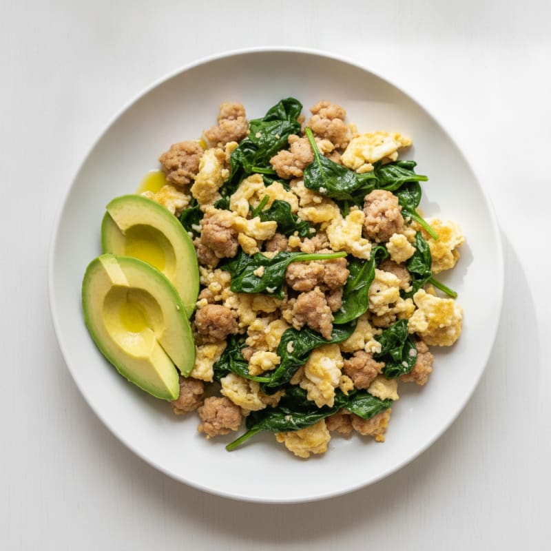 Egg White and Turkey Sausage Scramble with Sautéed Spinach