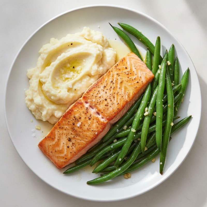Seared Salmon with Garlic Green Beans and Mashed Cauliflower
